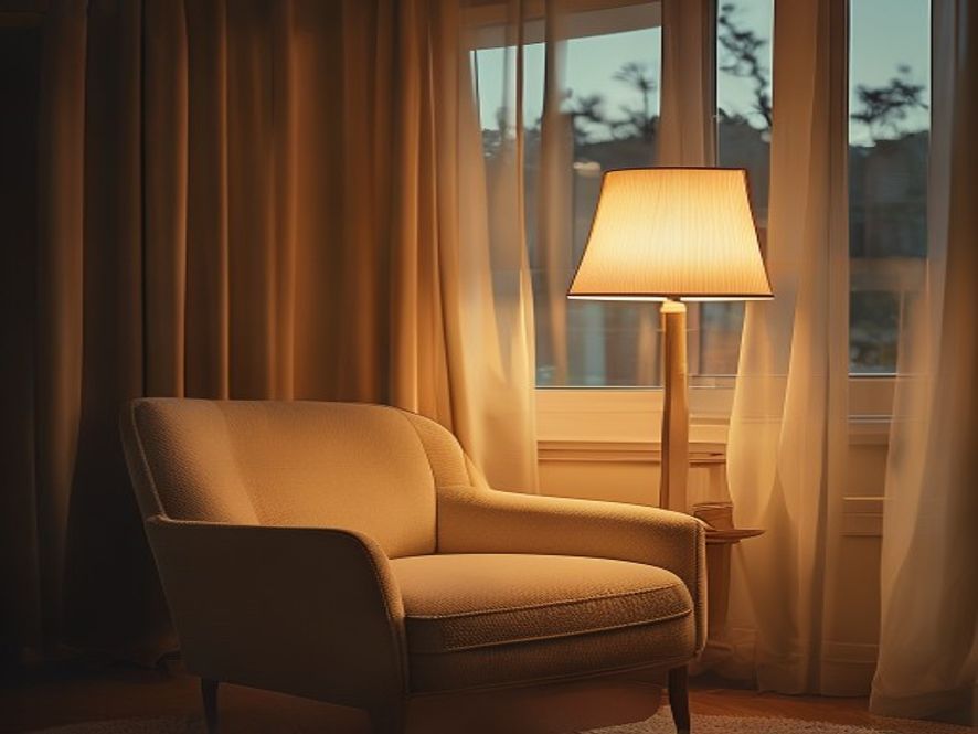 A warm room at dusk with soft lamplight and a comfortable chair by a window
