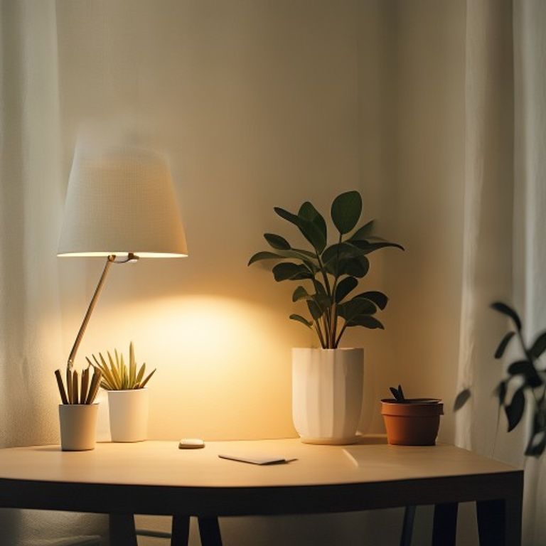 A minimalist workspace with a single plant and soft lighting