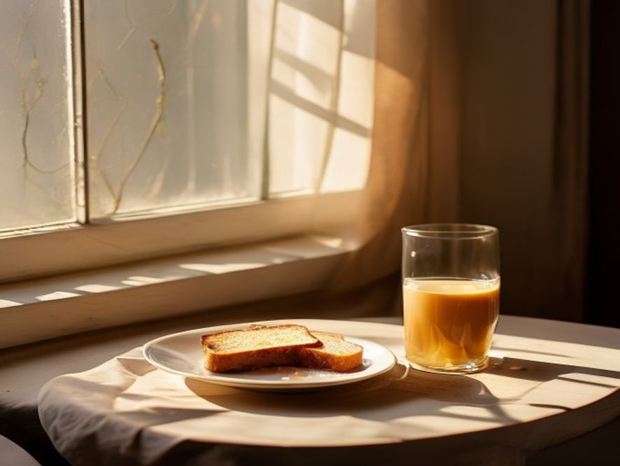 A warm cup of herbal tea and whole grain toast with butter on a wooden table by a window